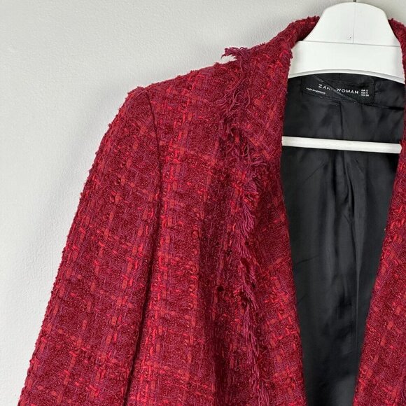 Zara Blogger Favourite Long Tweed Blazer Burgundy - Picture 9 of 14